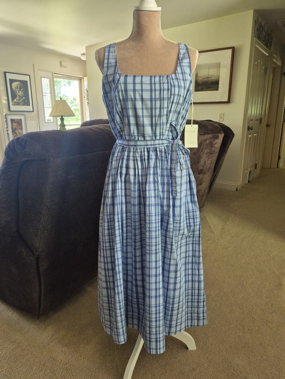 NWT Free Assembly Blue Plaid Sleeveless Belted Midi Dress - Classic Summer Style